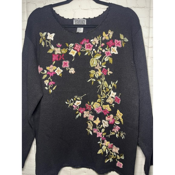Vintage 90's Fashion Elements Black Floral Embroidered Long Sleeve Sweater Sz LG - Picture 2 of 6